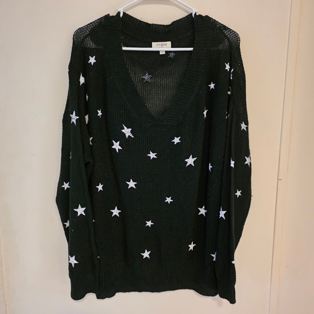 Umgee Womens Star Sweater Size Large Black Knit Long Sleeve Celestial